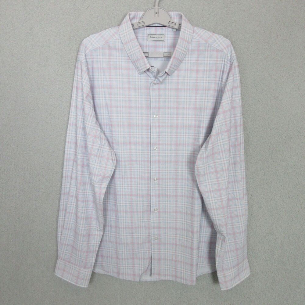 Savannah Dress Shirt Mens‎ XL Pastel Pink Blue Plaid Long Sleeve Collared Preppy